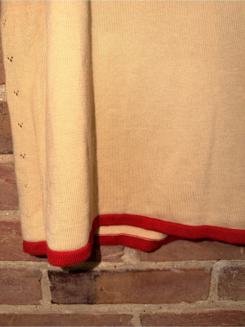 NAPA VALLEY Beige Knit Sweater Top Red Trim and Floral Embroidery Stitched Women